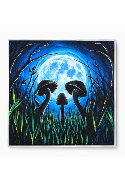 Luxcanva Tablou Canvas Ciuperci Sub Luna Plina 140x140 cm cu Rama Argintiu No...