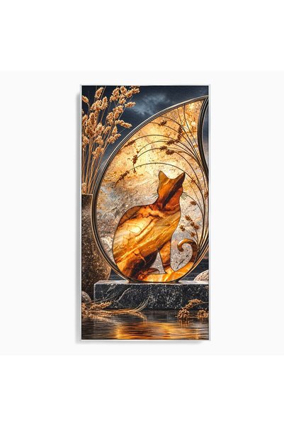 Luxcanva Tablou Canvas Silhouette Felina La Apus cm cu Rama Argintiu Pisica A...