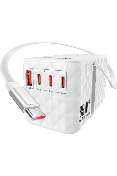 Generic محول طاقة عالمي للسفر بقوة 85 واط مع كابل USB-C قابل للسحب