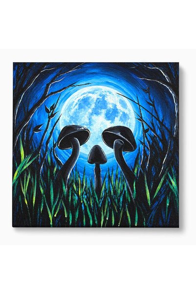 Luxcanva Tablou Canvas Ciuperci Sub Luna Plina 70x70 cm pe Sasiu Lemn Noapte ...