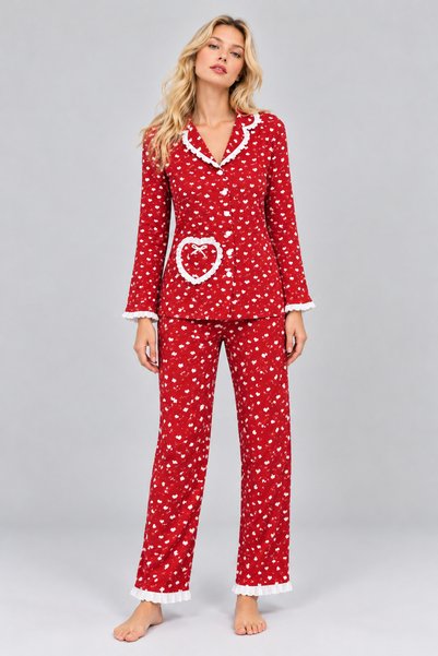 Pijamask Kadın Kalp Desenli Fırfır Detaylı Cepli Düğmeli Uzun Kollu Pijama Takımı