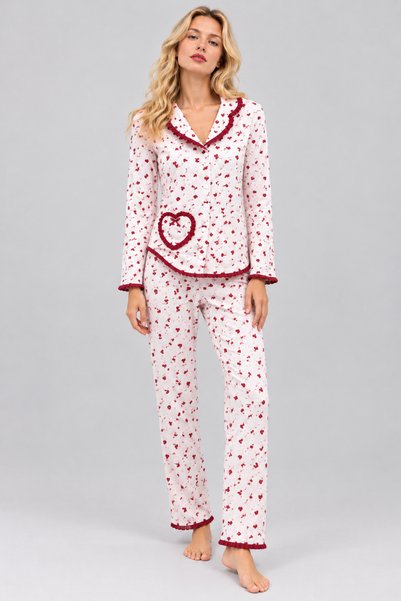 Pijamask Kadın Kalp Desenli Fırfır Detaylı Cepli Düğmeli Uzun Kollu Pijama Takımı