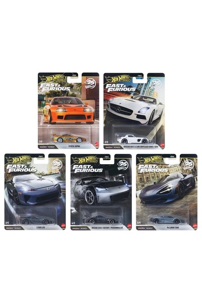 HOT WHEELS Premium Fast & Furious 25. Yıl 5'li Set Toyota Supra Chase Mercede...
