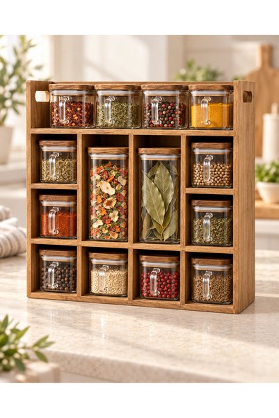 Queen’s Kitchen 14-Piece Glass Spice Set with Acacia Wood Stand