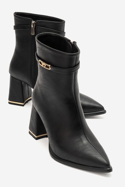 Lizzu Women's Black Leather Pointed Toe Boots with Metal Buckle Detail and Th...