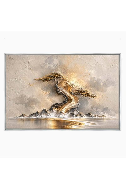 Luxcanva Tablou Canvas Arborele De Aur 120x80 cm cu Rama Argintiu Copac Peisa...