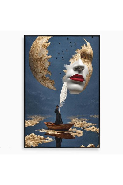 Luxcanva Tablou Canvas Fata Lunii 100x150 cm cu Rama Negru Surrealism Luna Chip
