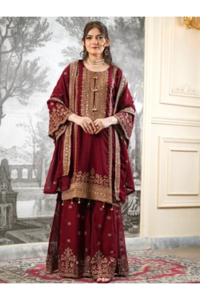 MYSMAR Maroon Fendy Silk Embroidered Gharara Suit Set - HRT101460 | Maroon-Si...