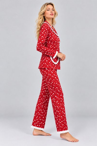 Pijamask Kadın Kalp Desenli Fırfır Detaylı Cepli Düğmeli Uzun Kollu Pijama Takımı