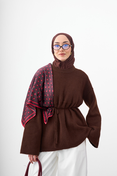 LOCCO Women's Crew Neck Waist Tie Knitwear Tunic Brown