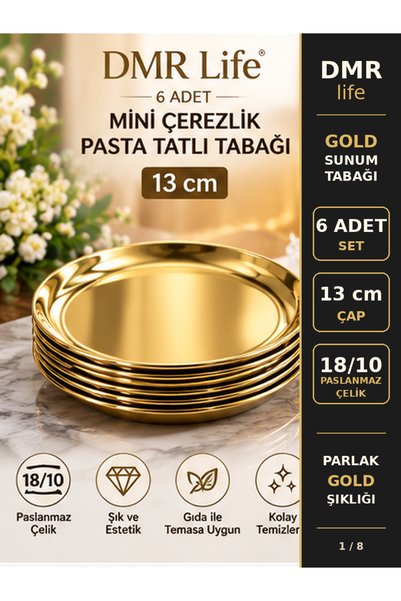 DMR LİFE ÇELİK GOLD 6 ADET DÜZ MİNİ SUNUM ÇEREZLİK PASTA TATLI TABAĞI 12 CM (...
