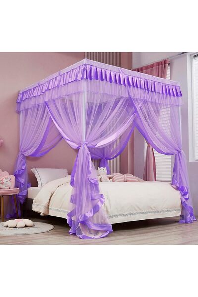 Generic (Twin, Purple) - Princess 4 Corners Post Bed Curtain Canopy Netting f...