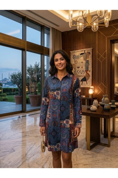 Polologin Butik Etnik Desenli Düğmeli Uzun Kollu Mavi Tunik / Elbise