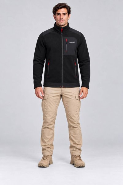 Port Men's Black Fleece Jacket with Full Zipper, Stand Collar, Pockets, for D...