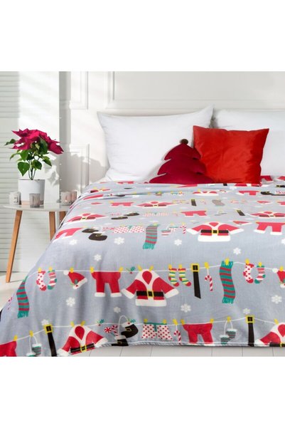 Eurofirany Patura Moale Cu Imprimeu Festiv Mos Craciun, Ideala pentru Decor Craciun si Nopti Calduroase, Tesatura Pufoasa Uscare Rapida din 100% Poliester, Dimensiuni 150 x 200 cm, Culori Argintiu Ros