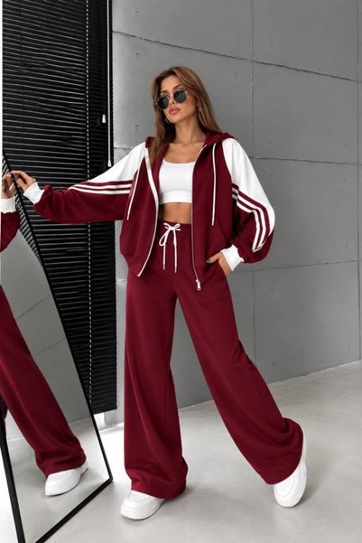 Kokosh moda Kadın Çizgili Fermuarlı Kapüşonlu Geniş Paça İkili Eşofman Takımı