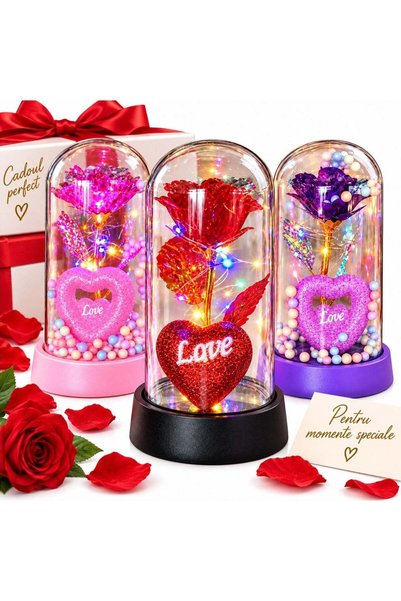 More Trandafir Cristalizat 15x8cm cu Lumină LED Multicoloră sub Cupolă Transp...