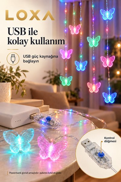 LOXA 12 Kelebekli RGB Renkli Perde LED Işık USB'li Kumandalı 8 Modlu Zamanlayıcılı Oda Aydınlatması
