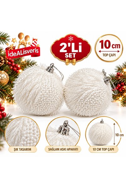 Bkmc Yılbaşı Ağaç Süsü Beyaz Tüylü Top 10 cm 2'li Set Lüks Beyaz Tüllü Ağaç Süsleme Topu