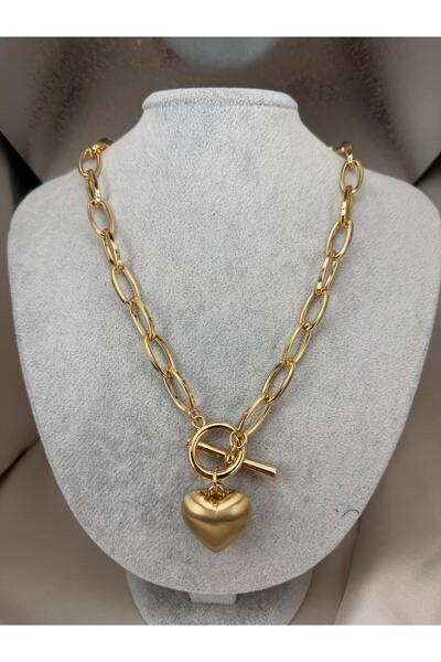 ZS Aksesuar Thick Oval Chain with Heart Figure t Bar Lock Modern Stylish Wome...
