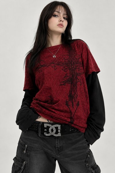 None Wear Kırçıllı Bordo Vintage Ancient Cross Cyber Grunge İnce Sweatshirt