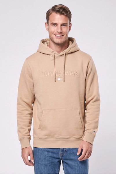 Tommy Hilfiger Tommy Jeans Men Embroidered Long Sleeve Hoodie Sweatshirt, Tan