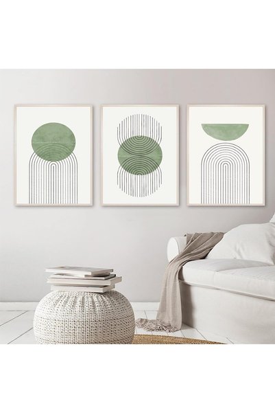 Generic Mid Century Modern Canvas Wall Art Green Geometric Line Wall Art Gree...