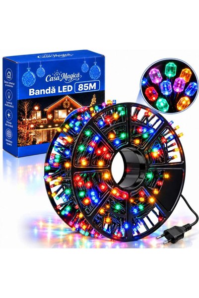 More LED лента на ролка 85м, 400 многоцветни светодиода, черен кабел, големи ...