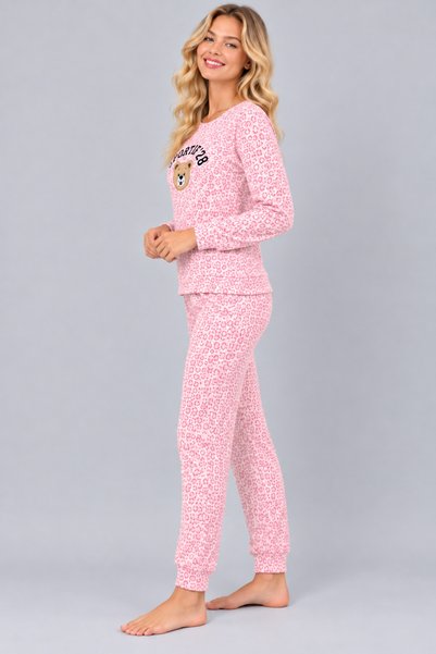 Pijamask Kadın Desenli Bisiklet Yaka Uzun Kollu Baskılı Rahat Kesim Pijama Takımı