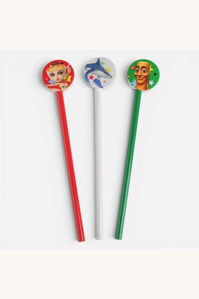 Comerivo Set 3 Creioane Fancy cu Radiera si Imprimeu Brainrot, Lemn Colorat