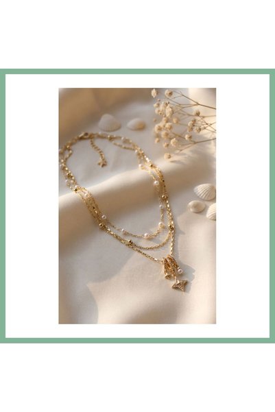 BŞK VİRGO Gold Color Brass Charm Model Combination Women's Necklace Bsk2026