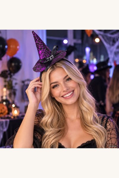 Comerivo Bentita de Vrajitoare cu Palarie Neagra - Accesoriu Halloween cu Gli...