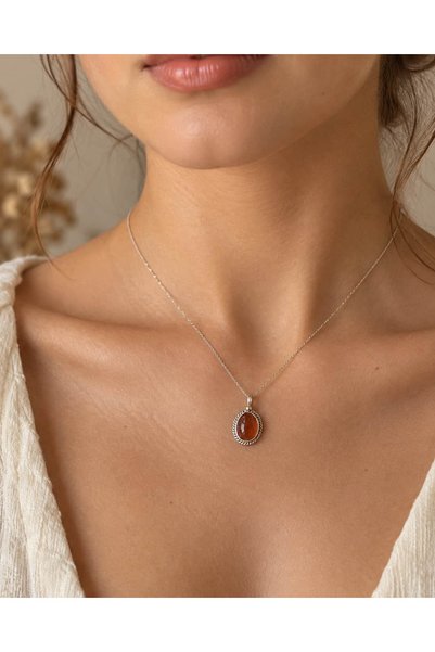 Shoporatr FGN Jewelry Studio 925 Ayar Gümüş Akik Taşlı Mini Oval Kolye Ucu