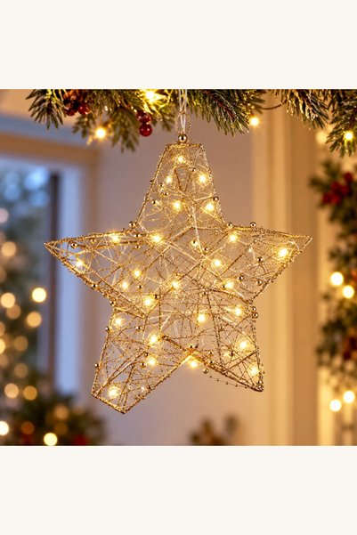 Comerivo Decorațiune suspendabilă 3D, stea șampanie cu mărgele și 30 LED-uri ...