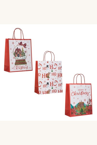 Comerivo Pungi kraft pentru cadouri cu model Craciun, 26x12x32 cm, set 3 bucati