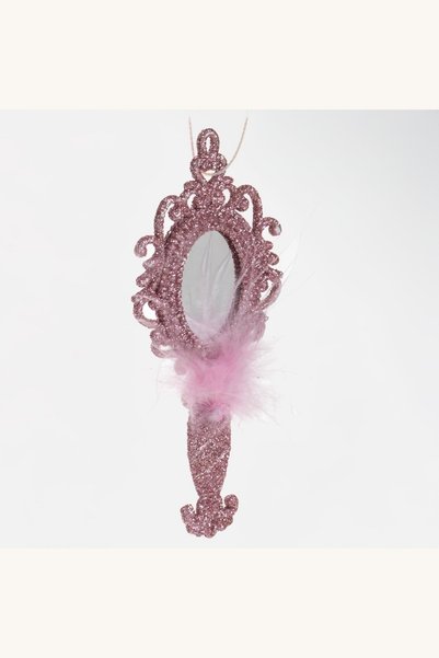 Comerivo Ornament de brad din oglindă cu glitter roz și pene roz, 13 cm