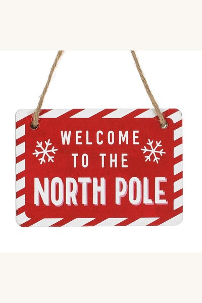 Comerivo Ornament lemn Craciun mesaj North Pole cu agatatoare 11x7cm