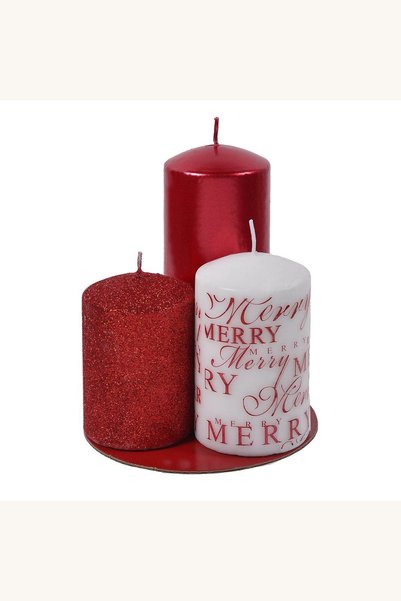 Comerivo Set 3 lumanari decorative Craciun rosii si albe cu sclipici