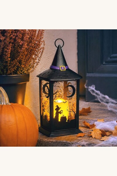 Comerivo Felinar Halloween cu vrajitoare si palarie, sticla decorativa cu LED...