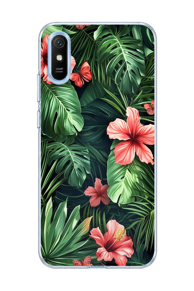lelia حافظة هاتف شفافة متوافقة مع هاتف Redmi 9A مطبوع عليها أوراق استوائية با...