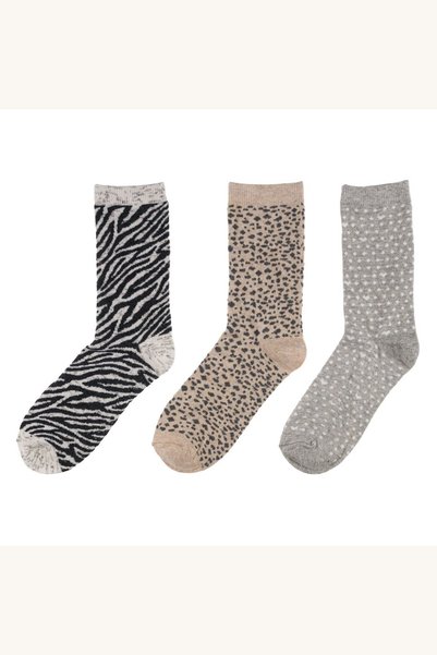 Comerivo 3 Perechi Sosete Dama cu Buline si Animal Print, Bej-Gri