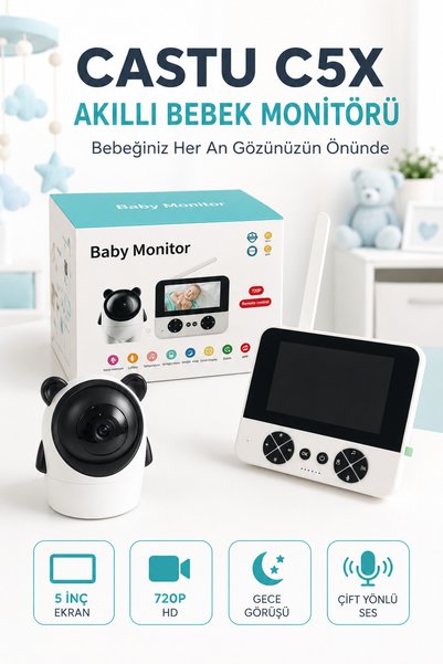 CASTU 4.3” IPS HD Ekranlı Bebek Monitörü & 360 Derece Gece Görüşlü Kamera İnterkom Ninni Sıcaklık Ölçer C5X