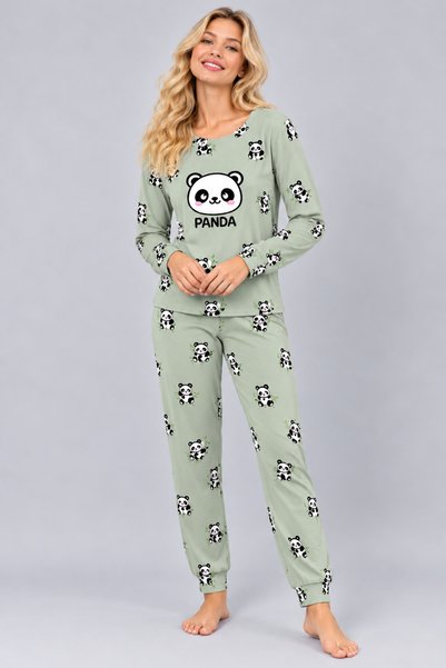 Pijamask Kadın Desenli Bisiklet Yaka Uzun Kollu Baskılı Rahat Kesim Pijama Takımı