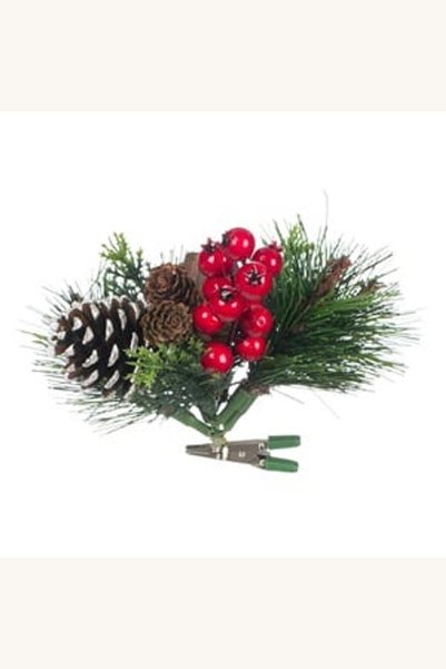 Comerivo Ornament Craciun cu clips, ramura pin cu rodii rosii si conuri, 15 cm