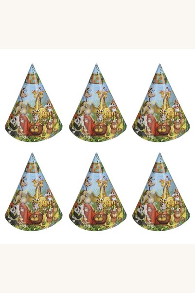 Comerivo Set 6 coifuri petrecere carton animale jungla Happy Birthday 16cm