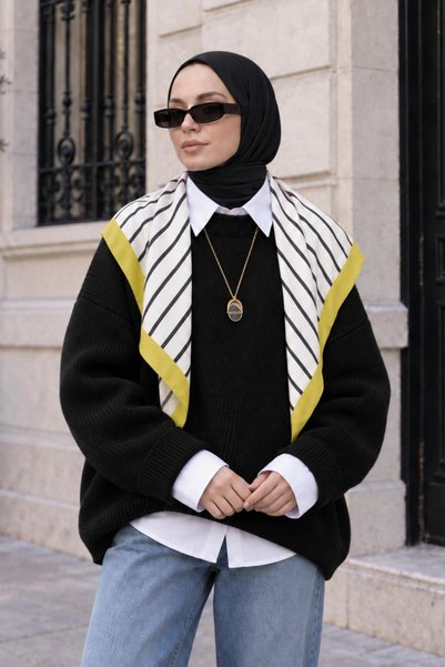 AFVENTE Striped Yellow Border Soft Scarf 90X90 cm