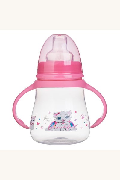 Comerivo Cana cu cioc si manere pentru bebe, roz pisici, 270ml, din plastic