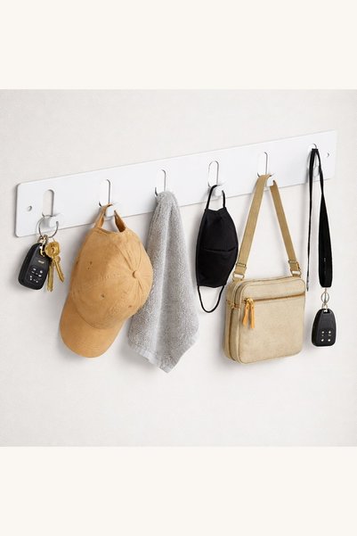 Comerivo Cuier alb metalic cu 6 carlige de perete 30x5cm, ideal pentru hol