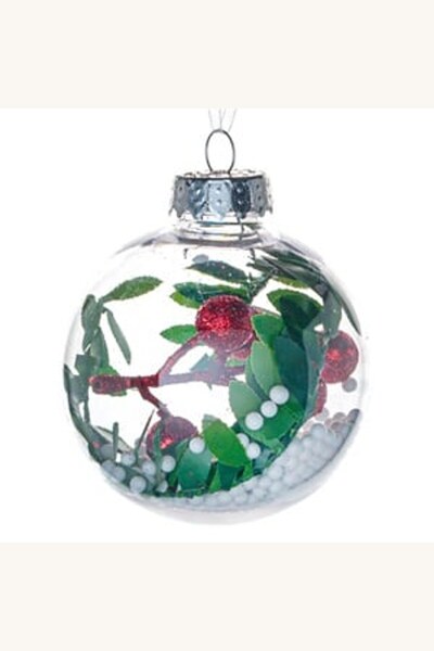 Comerivo Glob transparent pentru brad cu zapada, frunze verzi si bile rosii, 8cm