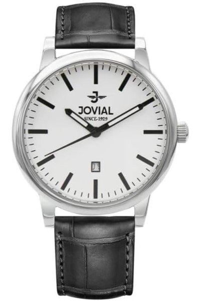 Jovial Classic Men's Watch with Black Leather Strap, White Dial